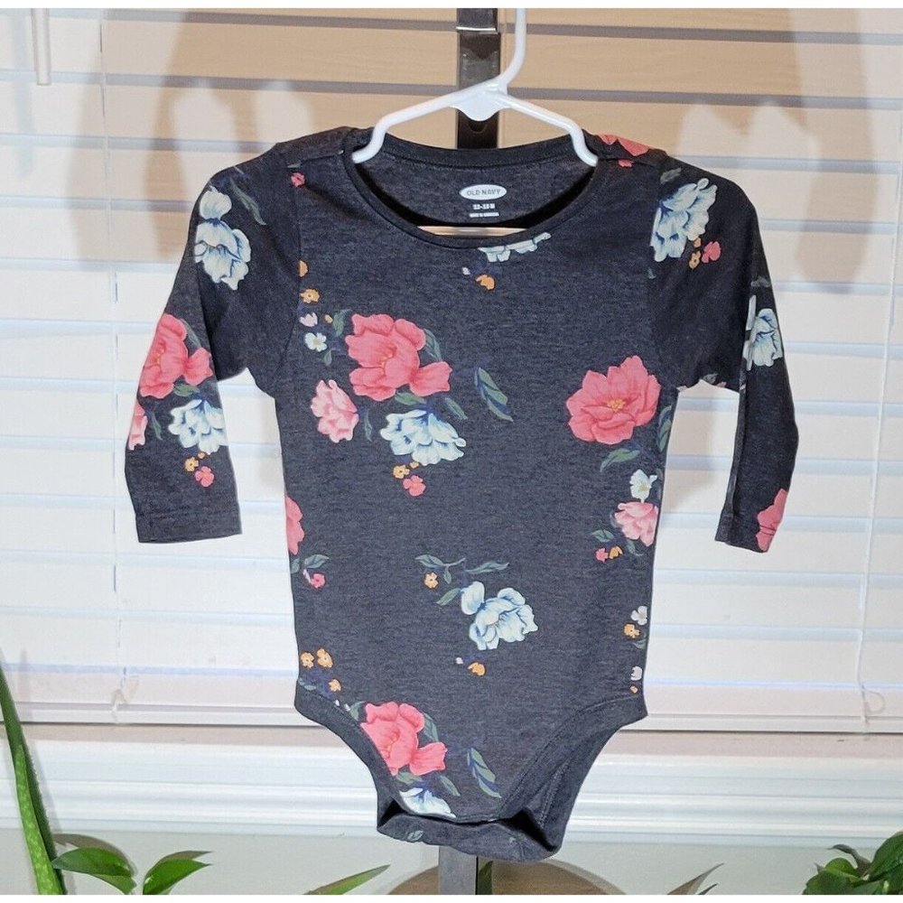 Old Navy Bodysuit Black Dark Gray Grey Tropical Floral Long Sleeve 12M to 18M